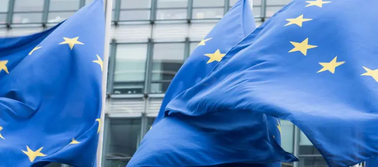European Union flags flying in front of a building