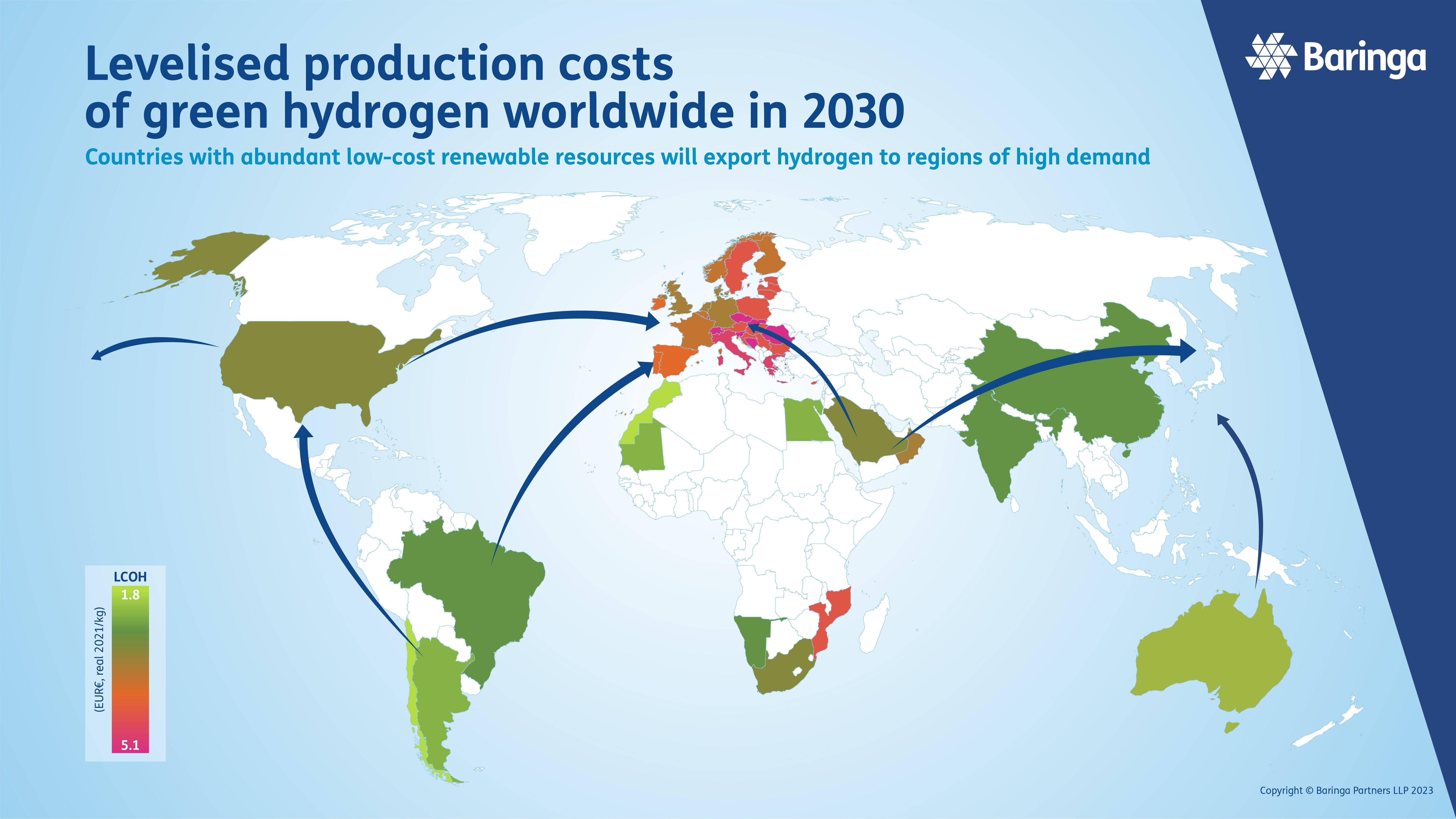 Map showing levelised production costs of green hydrogen