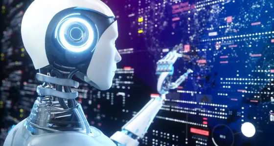 artificial intelligence robot touching projected screens with data against black background