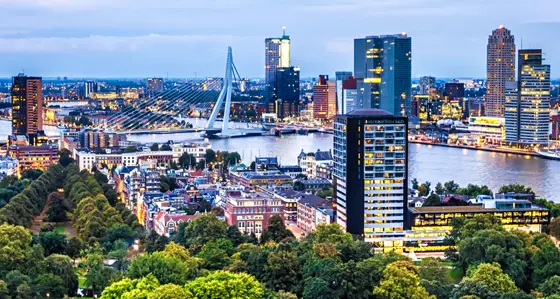 Rotterdam centre showing the Erasmus Bridge crossing the Nieuwe Maas