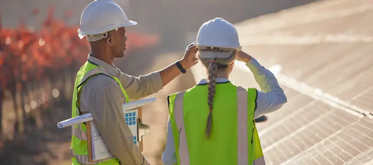 Two engineers inspecting a solar farm