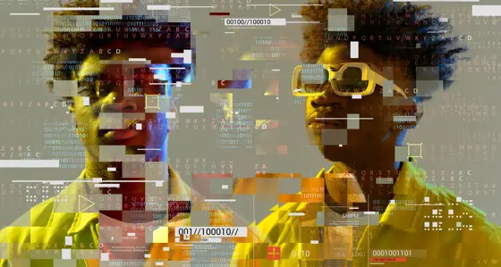 Artwork of two people with pixels