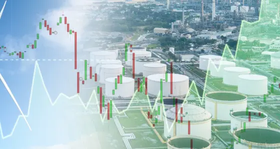 A wind turbine and gas storage facility with digital graphs overlay