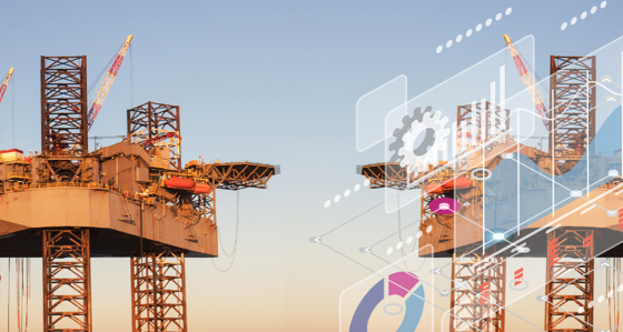 Two oil rigs at sea with a graphics overlay
