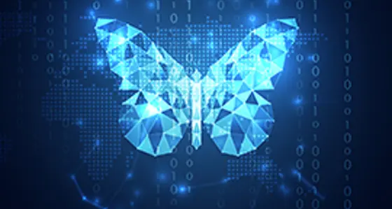 A digital image of a butterfly with a map and data behind
