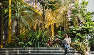 businesswoman sitting outdoor with lots of plants using laptop