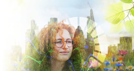 A woman's face superimposed on a city skyline covered in plants