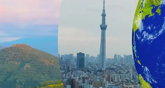 A montage of an industrial landscape, a mountain, a cityscape and the Planet Earth