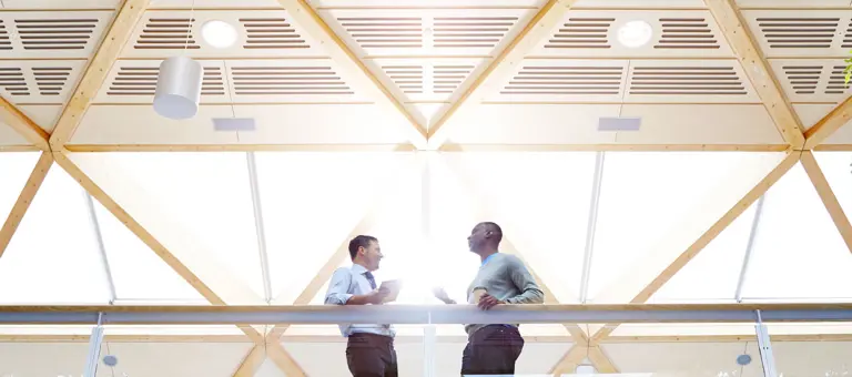 Two men standing on a sunlit interior balcony with trees