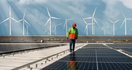 Worker inspecting solar panel