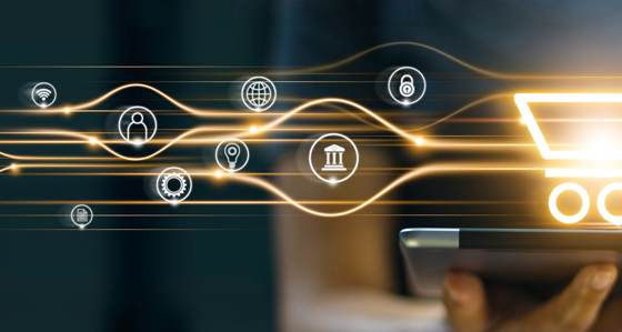 Digital icons superimposed over the image of a woman holding a tablet