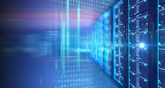 Blue lights, graphics and digits superimposed over a data-centre