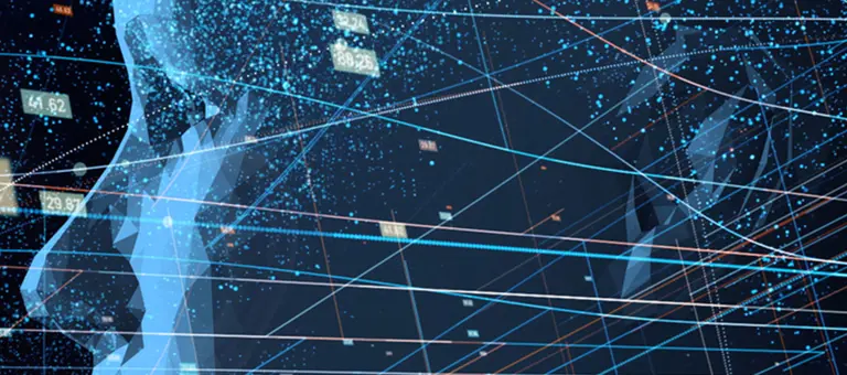 A computer-rendered face with digits and computer graphics