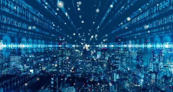 A cityscape at night with digital numerals overlay