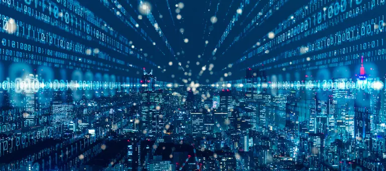 A cityscape at night with digital numerals overlay