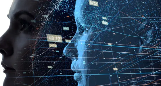 Profile of a woman's head with a digital image of a woman's head