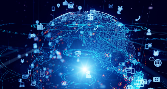 A globe surrounded by symbols