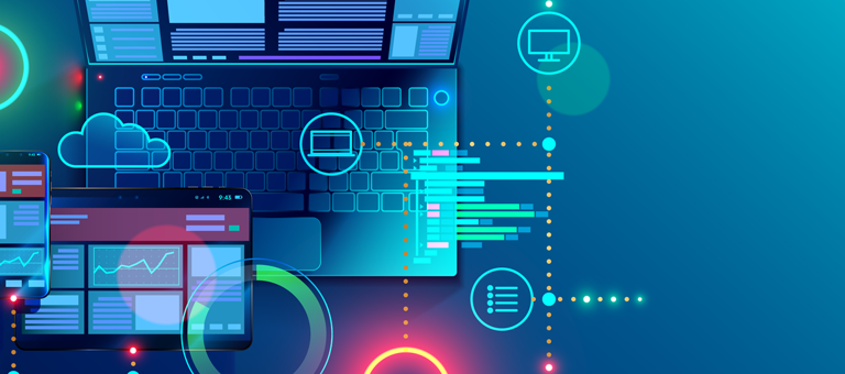 Digital artwork showing a laptop, a phone, a tablet and various icons