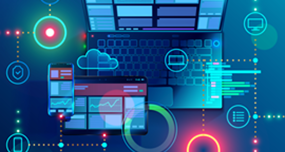 Digital artwork showing a laptop, a phone, a tablet and various icons