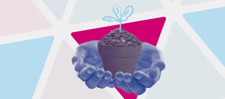 Hands holding a pot of flowers filled with coins