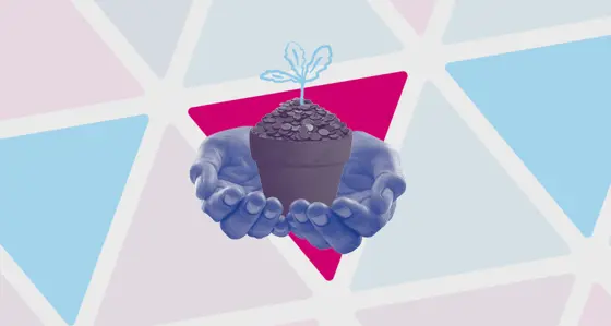 Hands holding a pot of flowers filled with coins