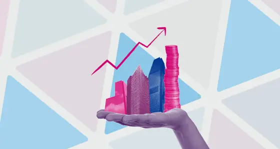 Artwork showing a hand holding skyscrapers and a pile of coins