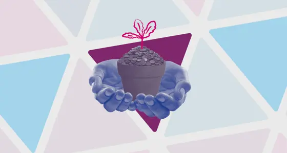 Hands holding a pot of flowers filled with coins