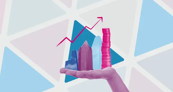 Artwork showing a hand holding skyscrapers and a pile of coins