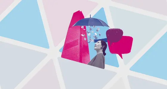 Woman looking at a skyscraper and an umbrella with raining coins