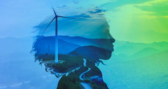 Woman's head overlaid with wind farm landscape