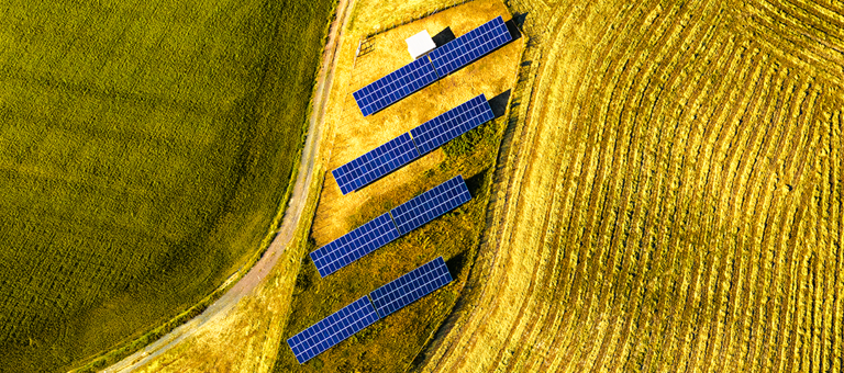 An aerial view of a solar panel farm