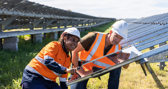 Senior Engineer and Apprentice Working Together On Solar Farm Installation