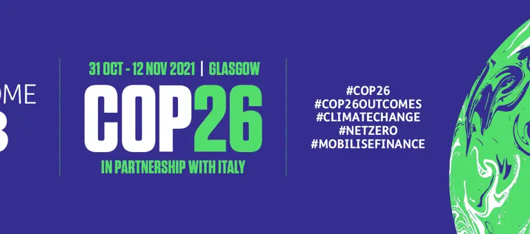 Cop Twenty-Six banner with dates, social media hashtags and outcome hashtag three slogan
