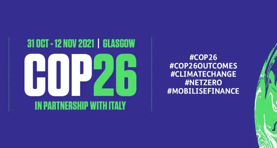 Cop Twenty-Six banner with dates, social media hashtags and outcome hashtag seven slogan