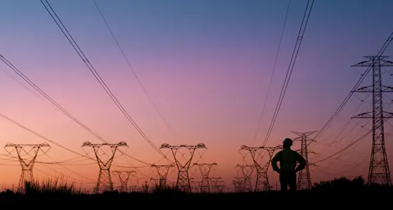 Engineer looking at power lines at dusk