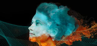 Side profile of a woman's head on a dark background with various graphics and colours superimposed over it.