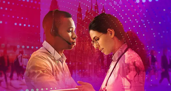 Artwork showing two civil servants with the Palace of Westminster in the background