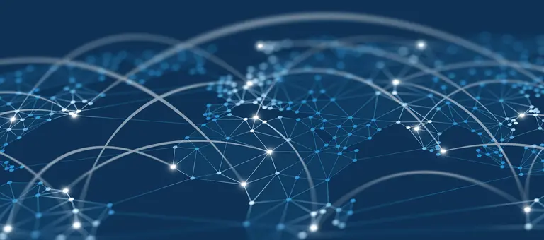 A digitally rendered map of the Earth with cities connected by lines