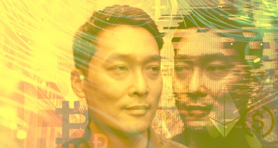 A man's face and its reflection with cryptocurrency icons overlay