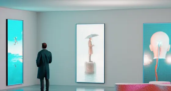 A man looking at images in a NFT Crypto art gallery