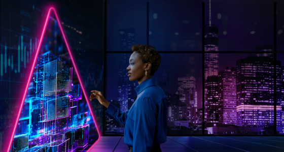 Woman pointing to futuristic digital portal