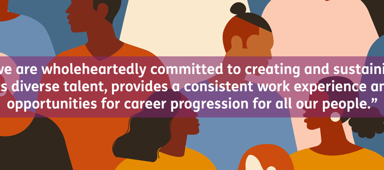 A graphic image showing diverse people with a quote about Baringa's commitment to diverse talent