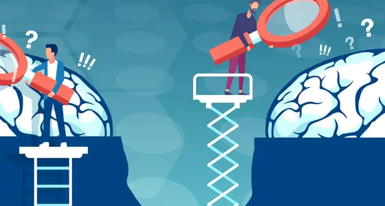 A cartoon of two men looking at different brains through a giant magnifying glass