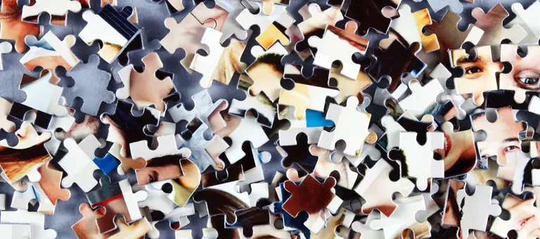 Disassembled jigsaw pieces showing aspects of the human face