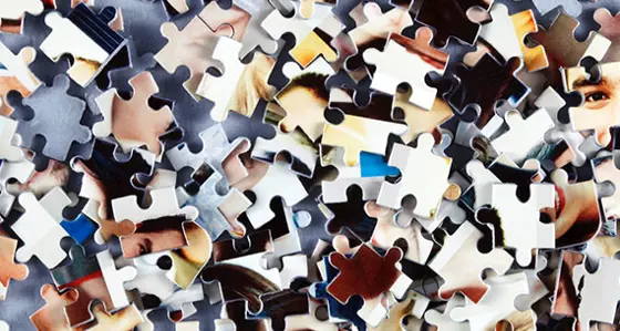 Disassembled jigsaw pieces showing aspects of the human face