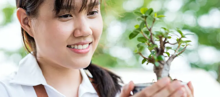 A woman holding a bonsai tree in a pot