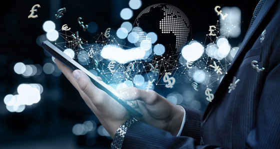 Person holding phone surrounded with currency symbols